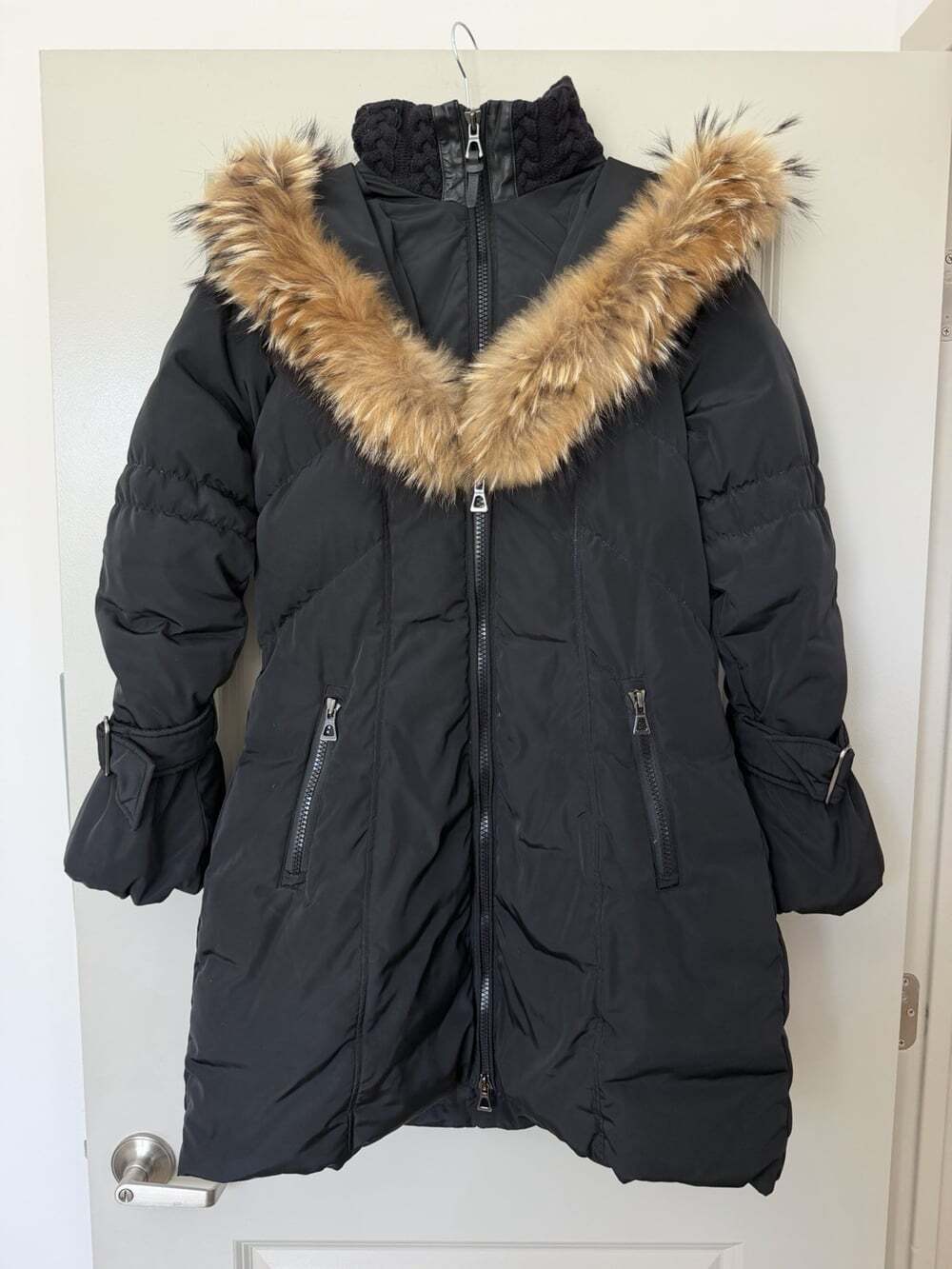 Rudsak Mid Length Down Parka in Black Raccoon Fur Hood Women's Size Large
